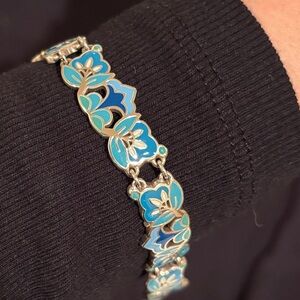 Brighton Floral Enamel Bracelet in Blue and Silver 8” adjustable